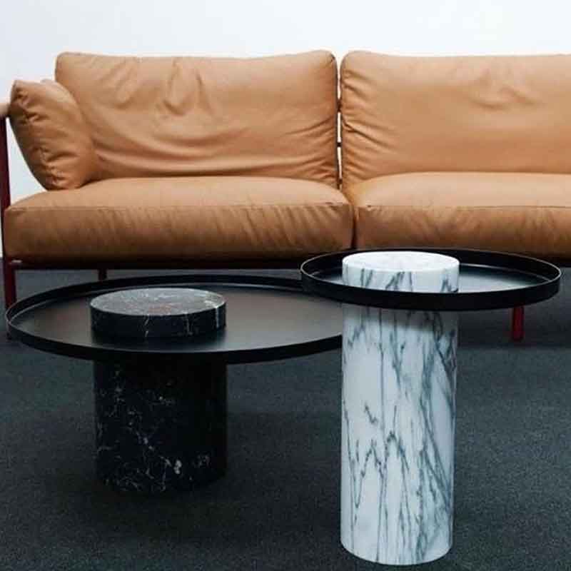 Bàn trà trụ đá đen vân trắng nguyên khối, mặt sắt sơn tĩnh điện BT949