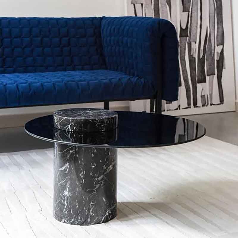Bàn trà trụ tròn đá cẩm thạch tự nhiên kết hợp kính cường lực BT484