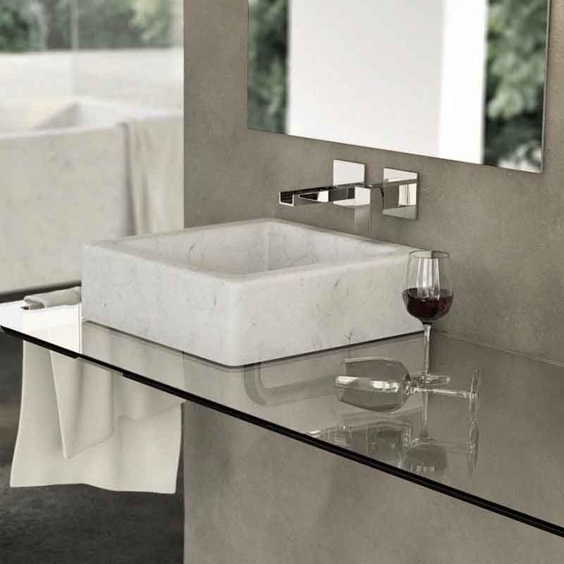 Bồn rửa Lavabo hình vuông đá trắng muối tự nhiên nguyên khối LA010