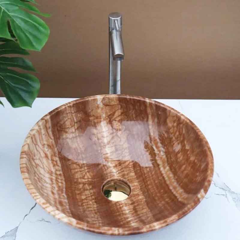 Lavabo tròn đá mộc thạch tự nhiên nguyên khối D420xH140mm LA008